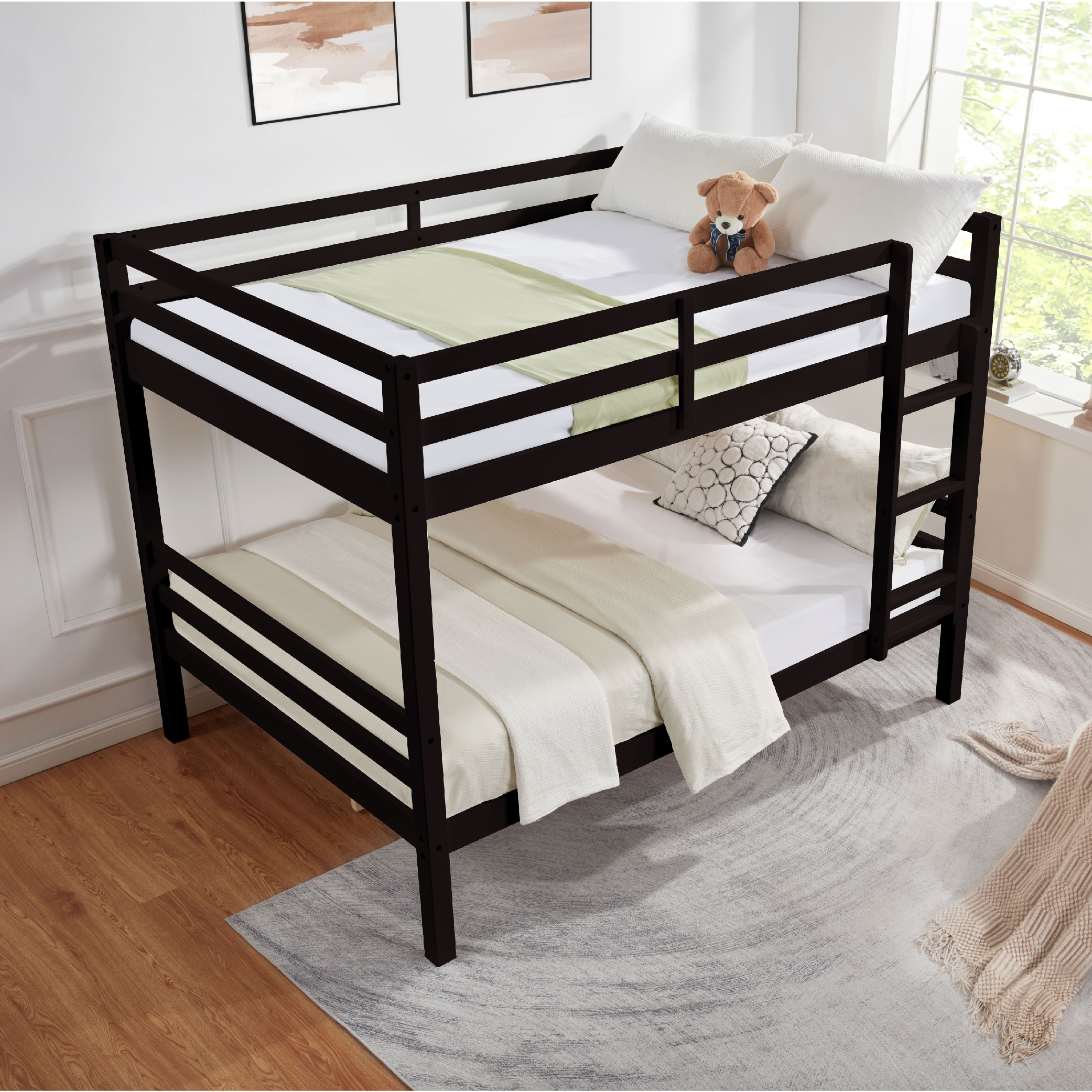 Full over Full Bunk Bed with Thick Posts,Wooden Bunk Bed with High Guardrail and Ladder for Kids, Teens, Dorm Rooms, and Guest Rooms,No Box Spring Needed, Espresso